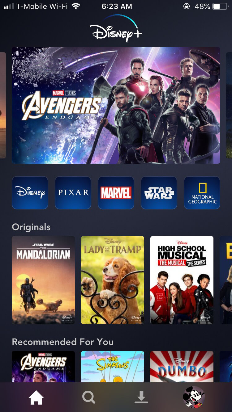 Disney+ Home Screen